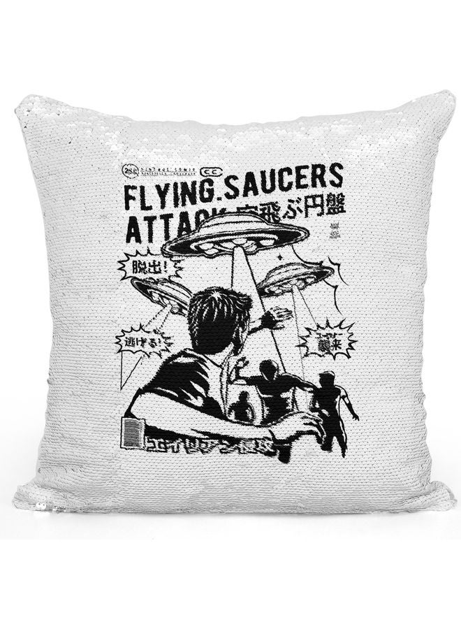 UFO Attack Themed Sequin  Decorative Throw Pillow White/Silver/Black 40x40cm - Image 1