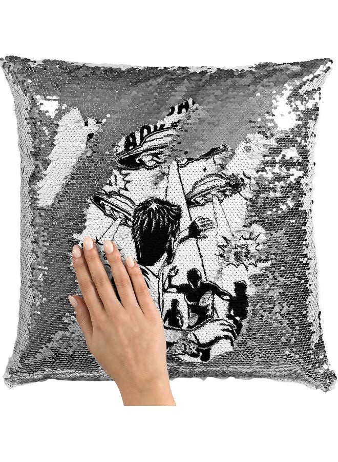 UFO Attack Themed Sequin  Decorative Throw Pillow White/Silver/Black 40x40cm - Image 2