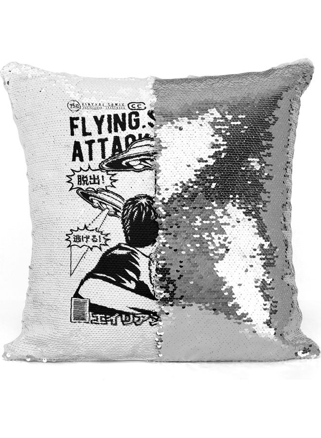 UFO Attack Themed Sequin  Decorative Throw Pillow White/Silver/Black 40x40cm - Image 3