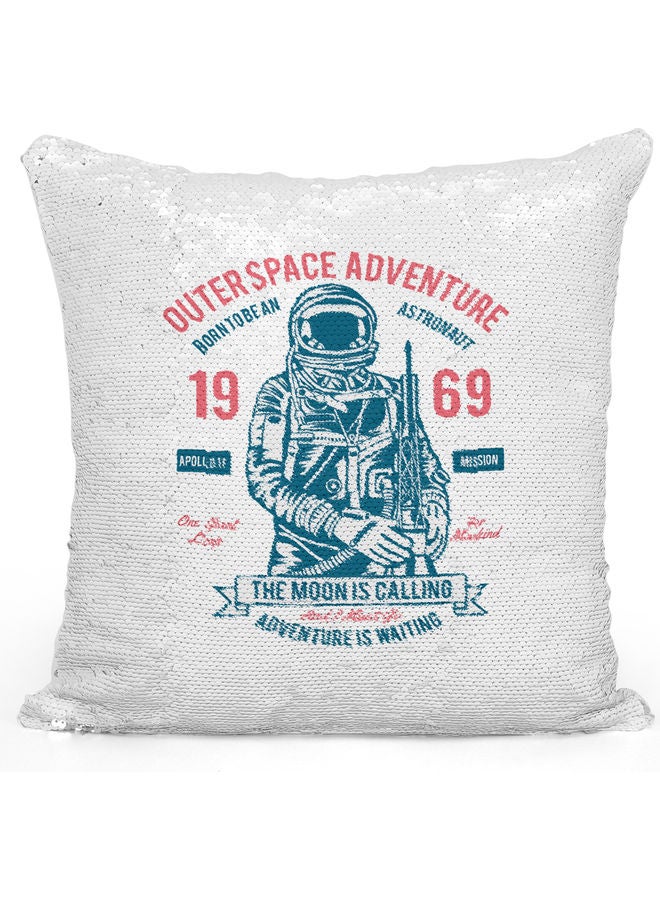 Born To Be An Astronaut  Themed Sequin Decorative Throw Pillow White/Silver/Blue 40x40cm - Image 1