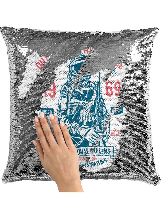 Born To Be An Astronaut  Themed Sequin Decorative Throw Pillow White/Silver/Blue 40x40cm - Image 2