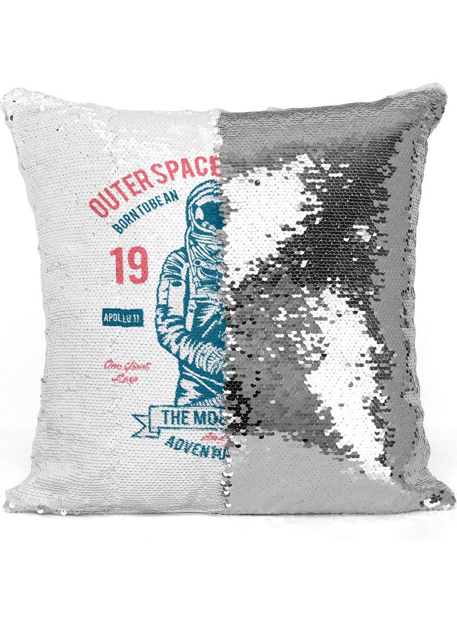 Born To Be An Astronaut  Themed Sequin Decorative Throw Pillow White/Silver/Blue 40x40cm - Image 3