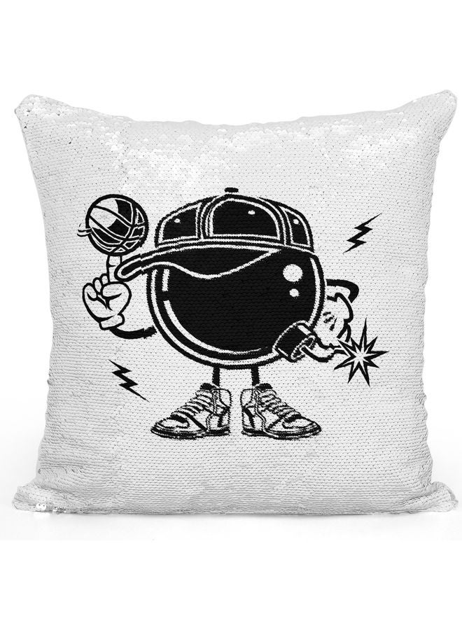 Cartoon Basket Ball Character Sequin Decorative Throw Pillow White/Silver/Black 40x40cm - Image 1