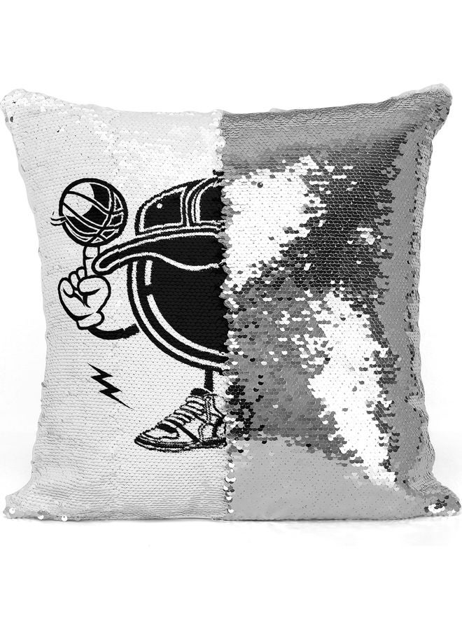Cartoon Basket Ball Character Sequin Decorative Throw Pillow White/Silver/Black 40x40cm - Image 3