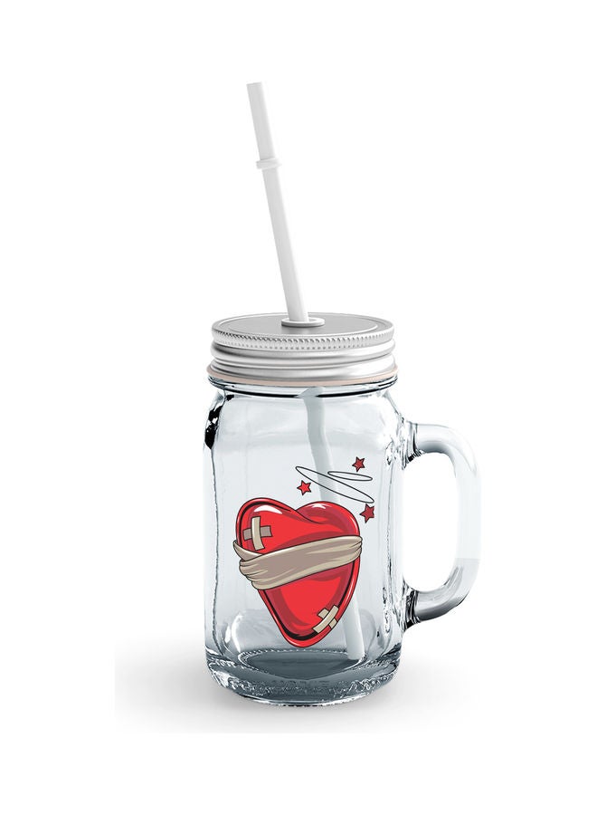 Patch On Heart Printed Jar With Straw Clear  - Image 1