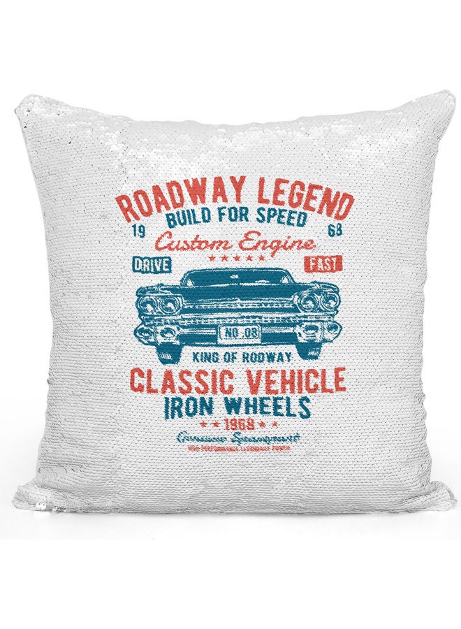 Legends Of The Road Themed Sequin Decorative Throw Pillow White/Silver/Blue 40x40cm - Image 1