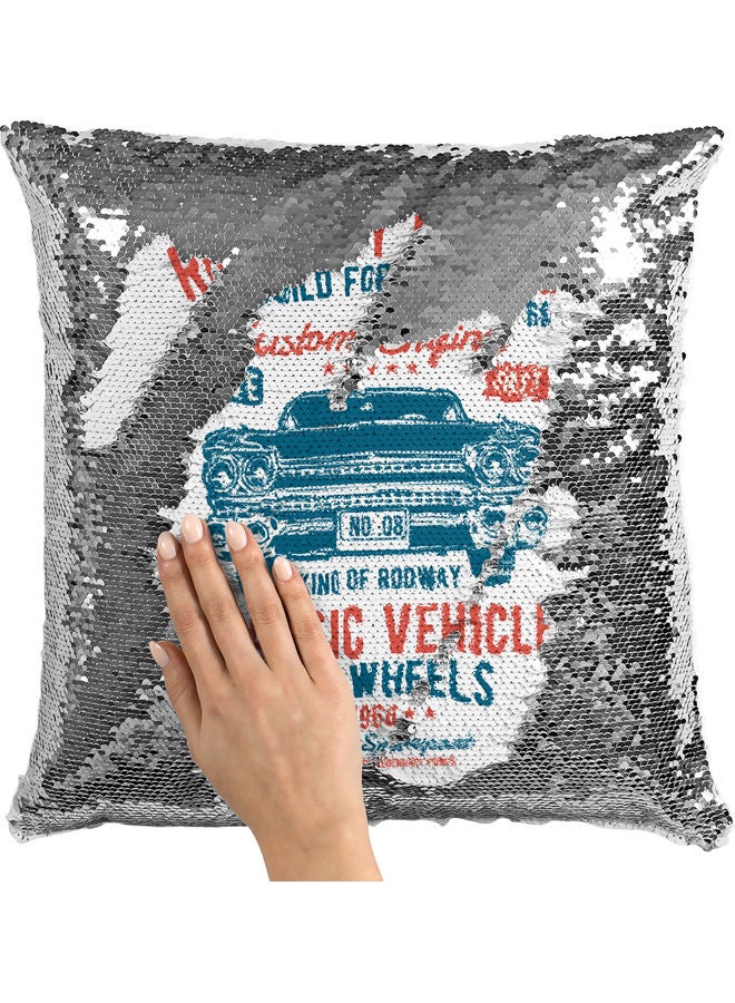 Legends Of The Road Themed Sequin Decorative Throw Pillow White/Silver/Blue 40x40cm - Image 2