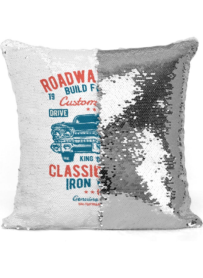 Legends Of The Road Themed Sequin Decorative Throw Pillow White/Silver/Blue 40x40cm - Image 3
