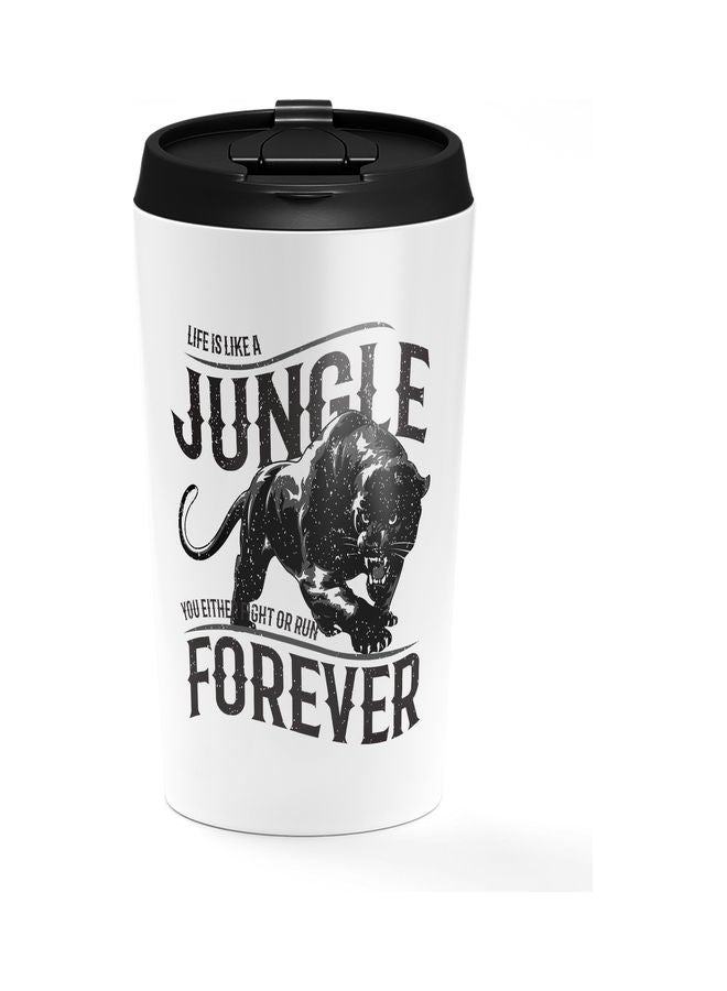 كوب من الستانلس ستيل بطبعة عبارة "Jungle Forever" التحفيزية للاستمرار في الحياة وصورة فهد ومزود بغطاء أبيض/ أسود - Image 1