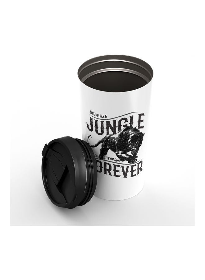 كوب من الستانلس ستيل بطبعة عبارة "Jungle Forever" التحفيزية للاستمرار في الحياة وصورة فهد ومزود بغطاء أبيض/ أسود - Image 2