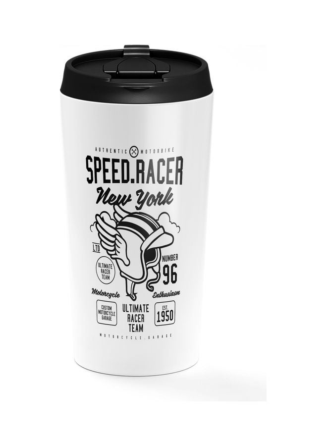 كوب من الستانلس ستيل بطبعة خوذة و عبارة "Speed Race" أبيض/ أسود - Image 1