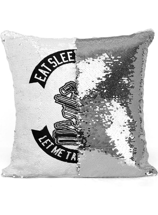 Eat Sleep Science Themed Sequin  Decorative Throw Pillow White/Silver/Black 40x40cm - Image 3