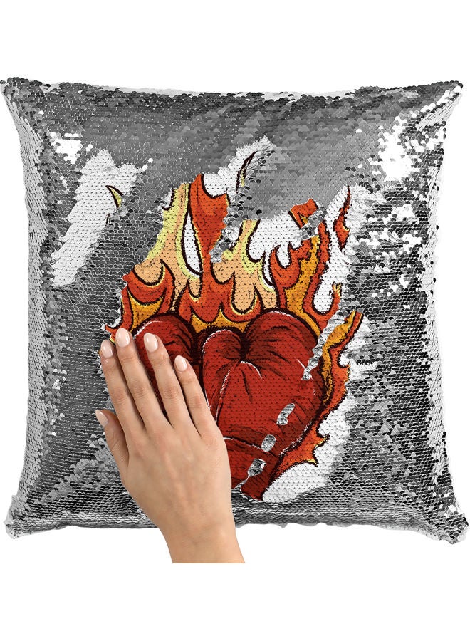 Gloves On Fire Themed Sequin Decorative Throw Pillow White/Red/Silver  - Image 2