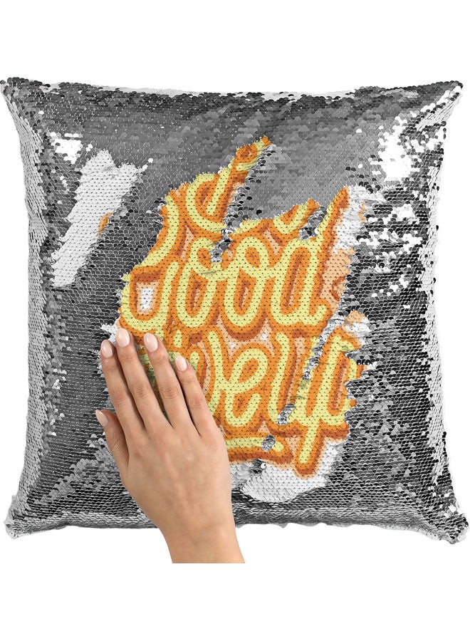 Be Good Themed Sequin Decorative Throw Pillow White/Yellow/Silver - Image 2