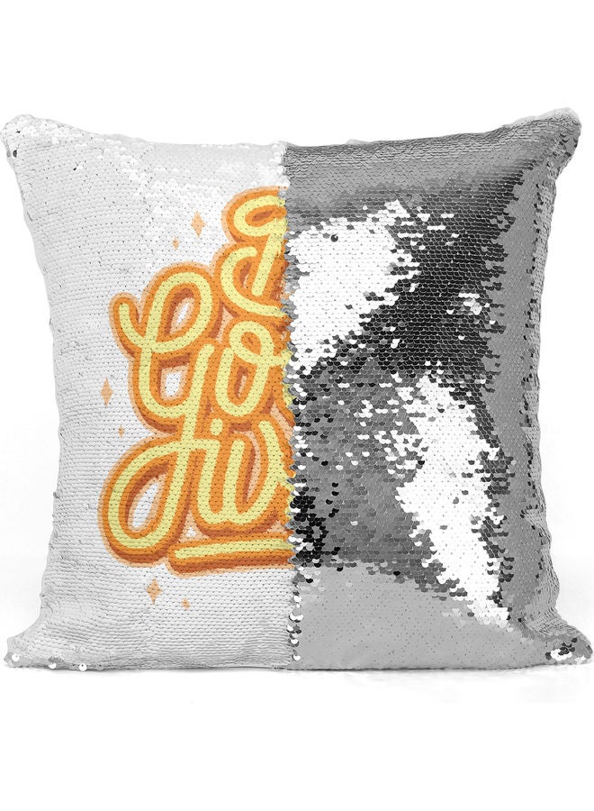 Be Good Themed Sequin Decorative Throw Pillow White/Yellow/Silver - Image 3