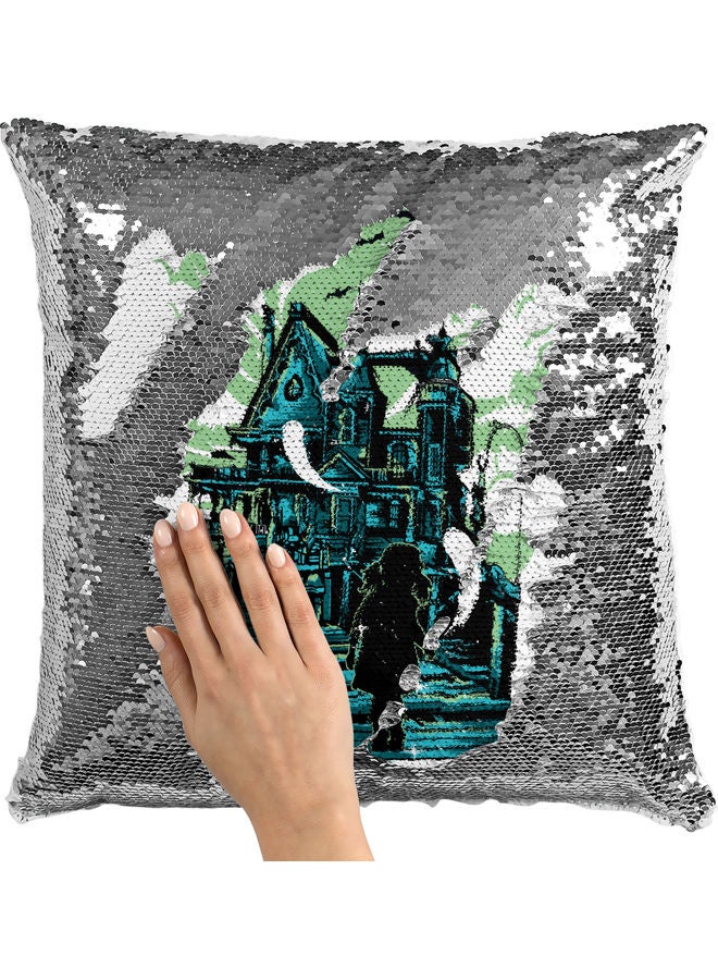 وسادة زينة مزخرفة بالترتر بطبعة قصر مرعب لون أبيض/ أزرق/ فضي 40x40سم - Image 2