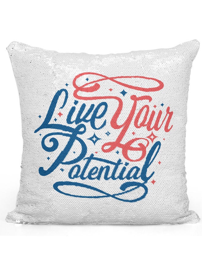 Live Life Quote Themed Sequin Decorative Throw Pillow White/Blue/Silver 40x40cm - Image 1