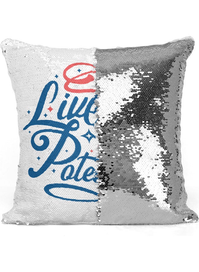 Live Life Quote Themed Sequin Decorative Throw Pillow White/Blue/Silver 40x40cm - Image 3