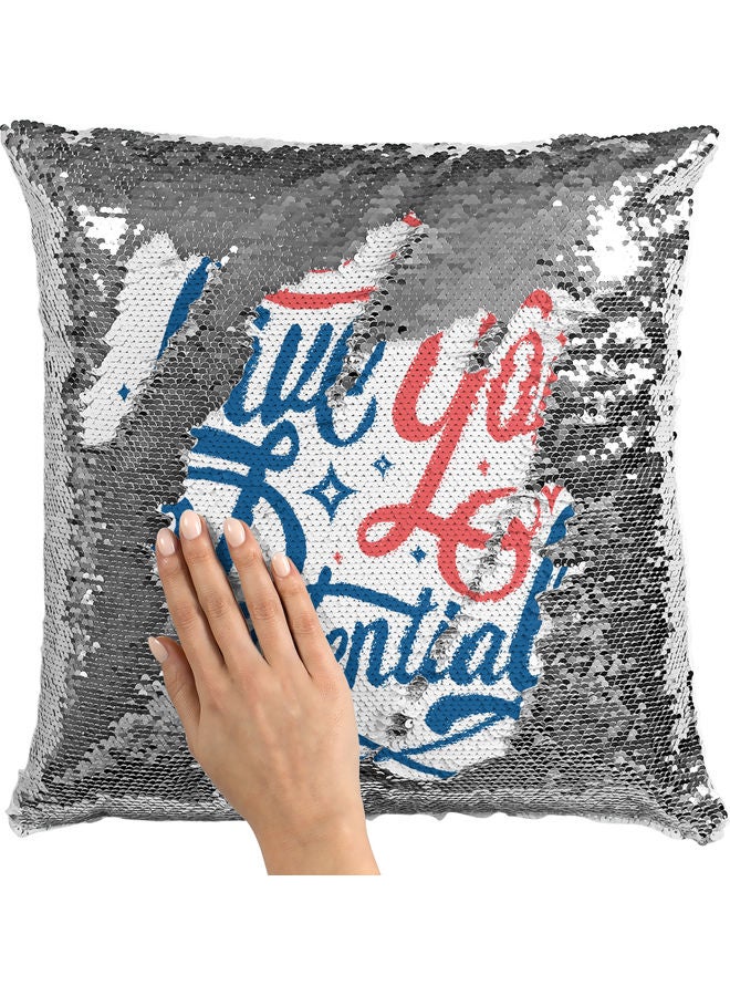 Live Life Quote Themed Sequin Decorative Throw Pillow White/Blue/Silver 40x40cm - Image 2