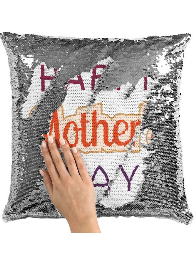 وسادة زينة مزينة بالترتر مطبوع عليها عبارة "Happy Mother's Day" أبيض/فضي/أحمر 40x40سم - Image 2