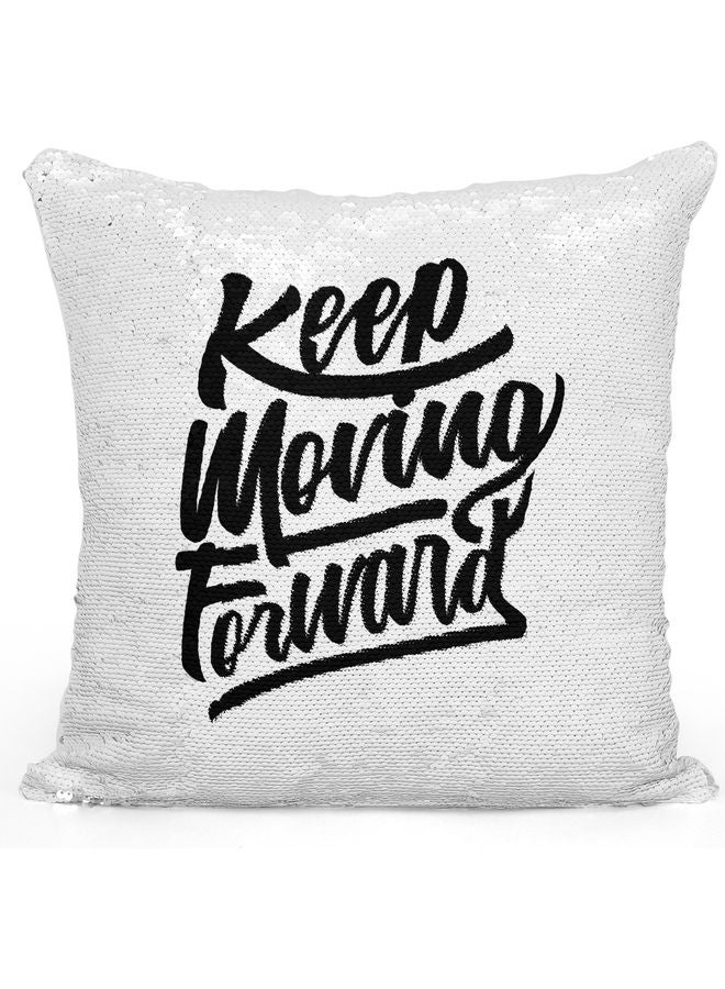 Keep Moving Themed Sequin Decorative Throw Pillow White/Black/Silver 40x40cm - Image 1