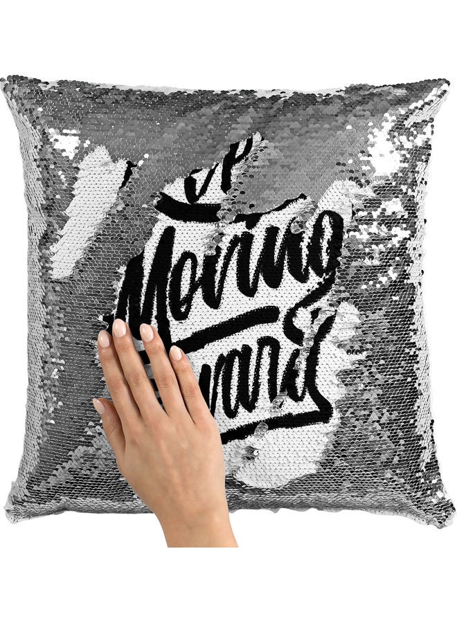 Keep Moving Themed Sequin Decorative Throw Pillow White/Black/Silver 40x40cm - Image 2