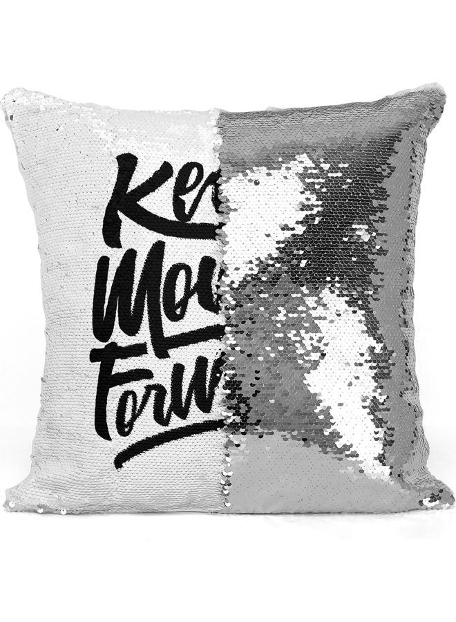 Keep Moving Themed Sequin Decorative Throw Pillow White/Black/Silver 40x40cm - Image 3