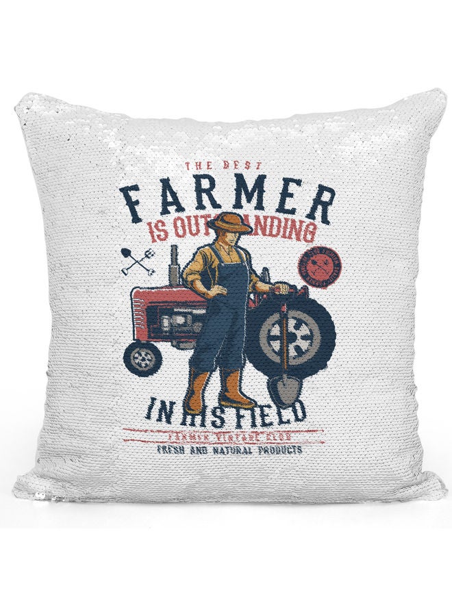 Farmer Gift Themed Sequin Decorative Throw Pillow White/Silver/Blue 40x40cm - Image 1