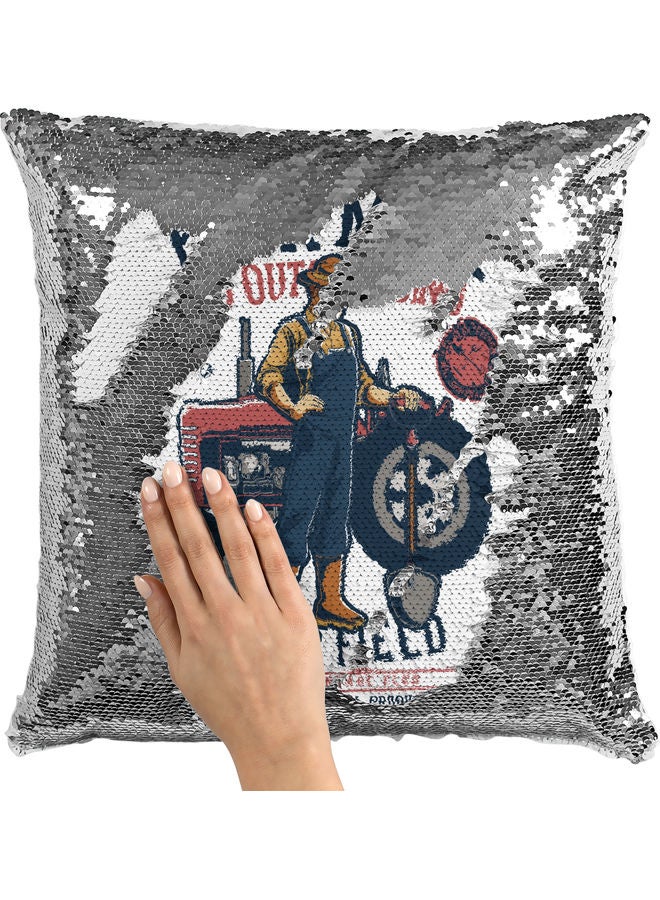 Farmer Gift Themed Sequin Decorative Throw Pillow White/Silver/Blue 40x40cm - Image 2