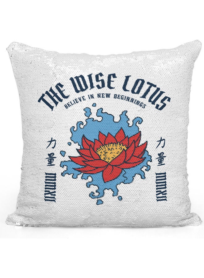 Wise Lotus Themed Sequin Decorative Throw Pillow White/Silver/Red 40x40cm  - Image 1