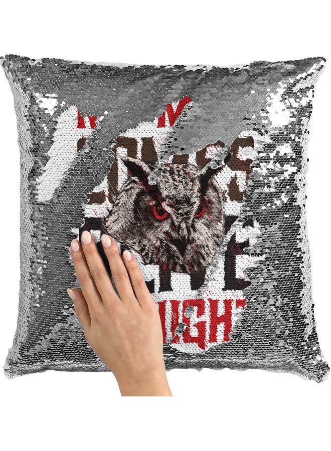 "وسادة زينة مزينة بالترتر ومطبوع عليها عبارة "Mind Power" أبيض/ فضي/ أحمر 40x40سم - Image 2