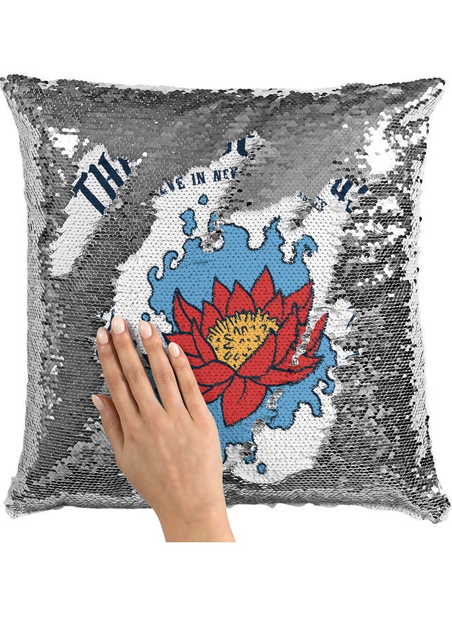 Wise Lotus Themed Sequin Decorative Throw Pillow White/Silver/Red 40x40cm  - Image 2