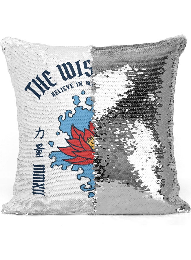 Wise Lotus Themed Sequin Decorative Throw Pillow White/Silver/Red 40x40cm  - Image 3