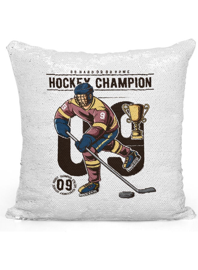 Hockey Championship Themed Sequin Decorative Throw Pillow White/Silver/Brown 40x40cm - Image 1