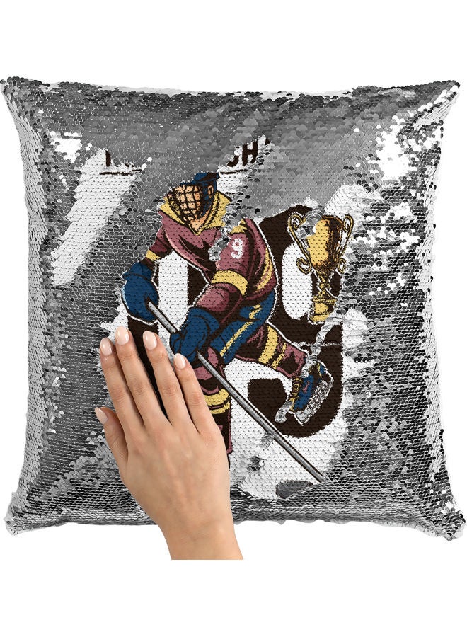 Hockey Championship Themed Sequin Decorative Throw Pillow White/Silver/Brown 40x40cm - Image 2
