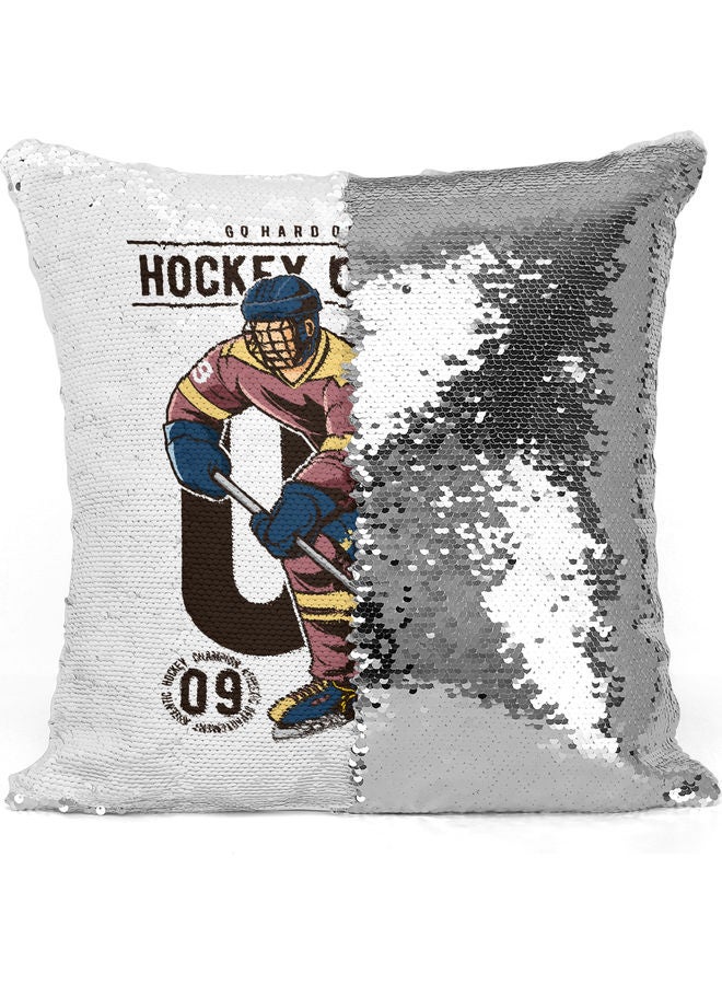Hockey Championship Themed Sequin Decorative Throw Pillow White/Silver/Brown 40x40cm - Image 3