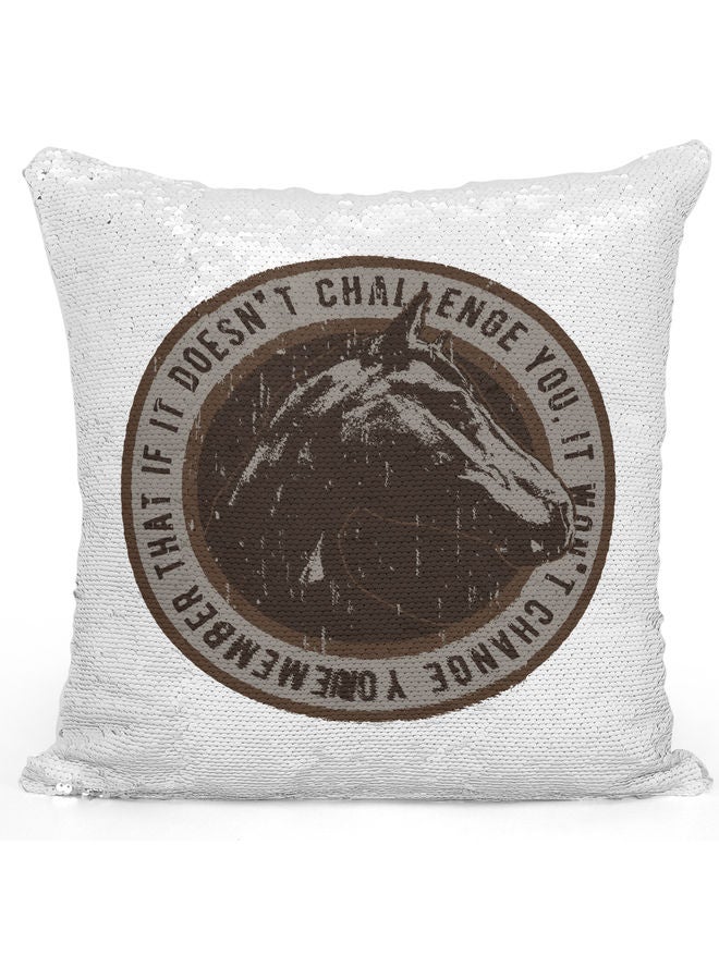 Challenging Quote Themed Sequin Decorative Throw Pillow White/Silver/Brown 40x40cm - Image 1