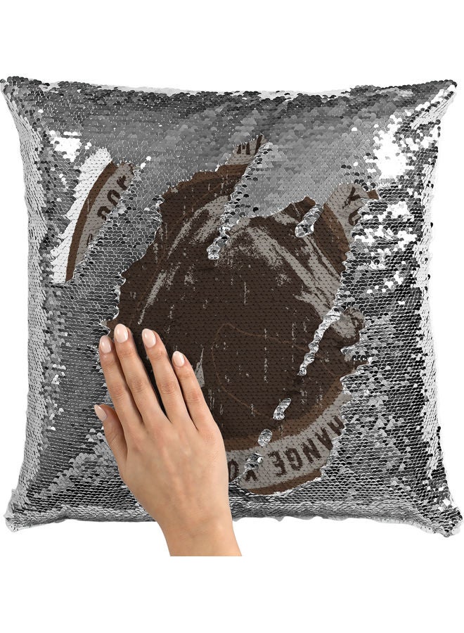 Challenging Quote Themed Sequin Decorative Throw Pillow White/Silver/Brown 40x40cm - Image 2