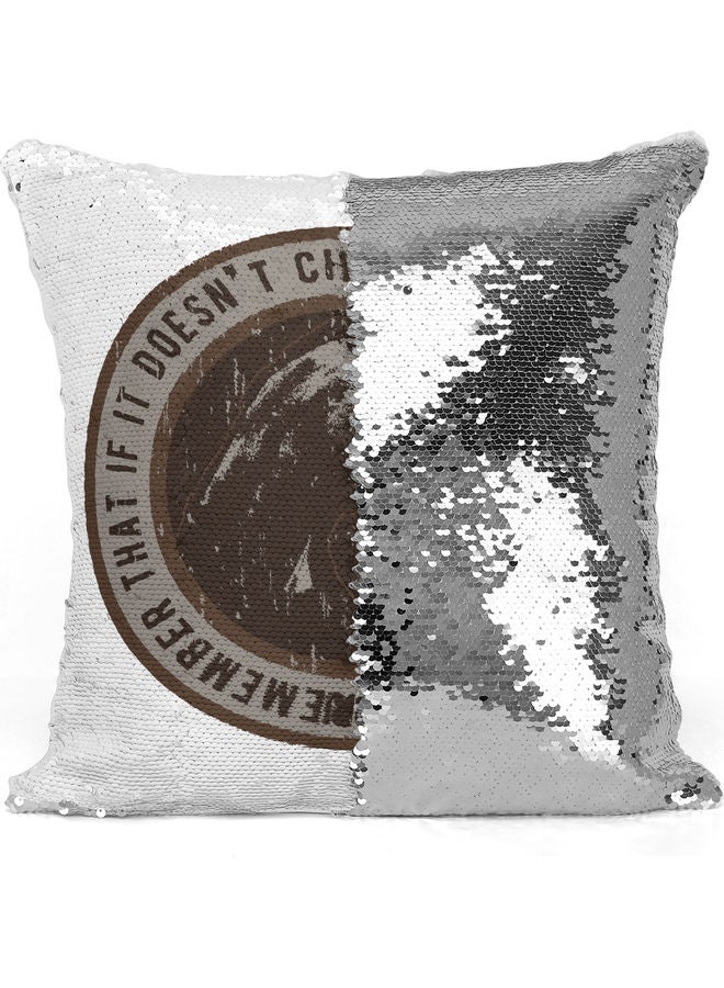 Challenging Quote Themed Sequin Decorative Throw Pillow White/Silver/Brown 40x40cm - Image 3