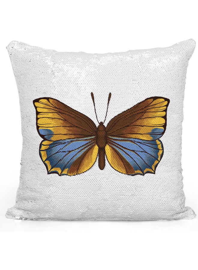 Yellow Beautiful Butterfly Design Themed Sequin Decorative Throw Pillow White/Silver/Yellow 40x40cm - Image 1