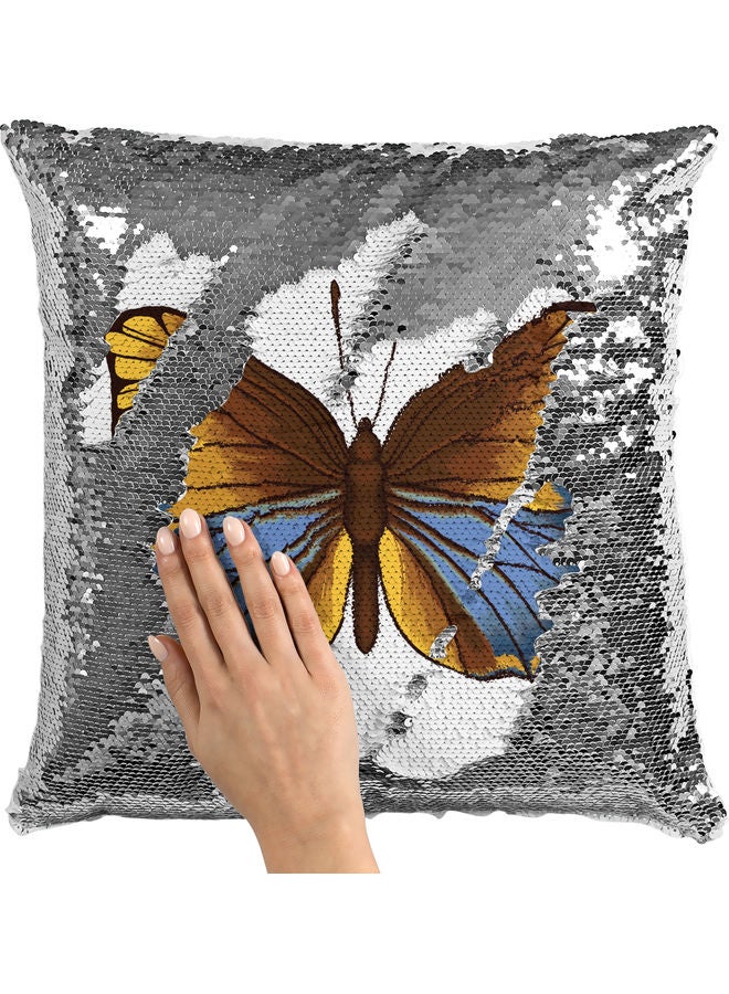 Yellow Beautiful Butterfly Design Themed Sequin Decorative Throw Pillow White/Silver/Yellow 40x40cm - Image 2