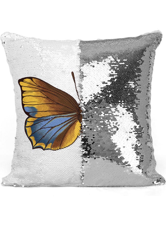 Yellow Beautiful Butterfly Design Themed Sequin Decorative Throw Pillow White/Silver/Yellow 40x40cm - Image 3