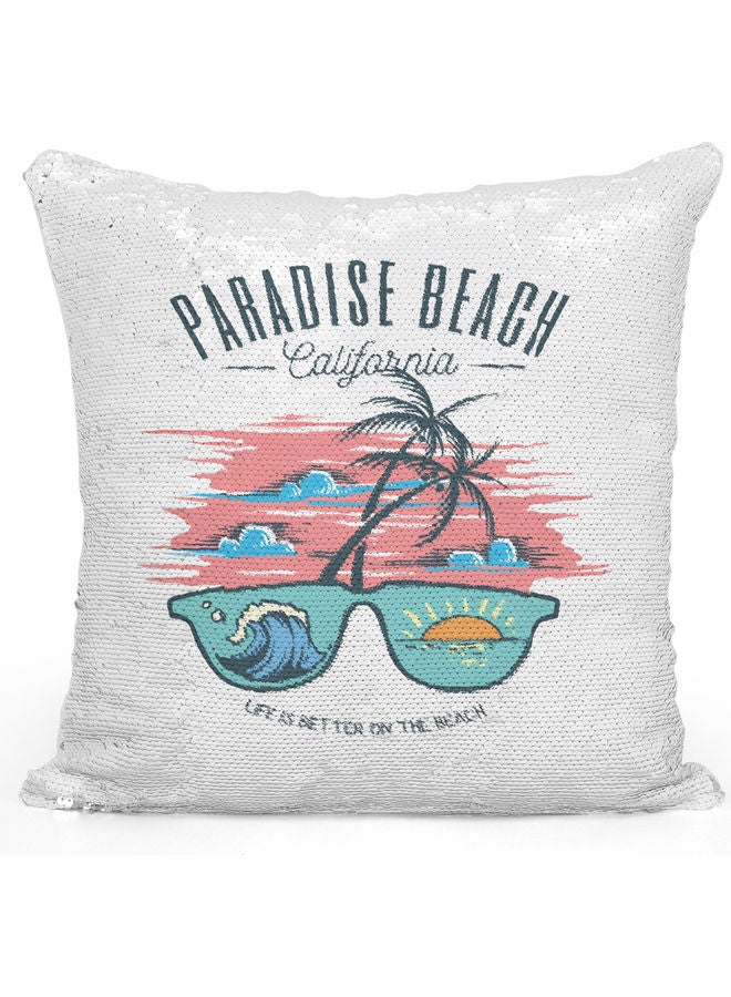 Paradise Beach Themed  Sequin Decorative Throw Pillow White/Pink/Blue 40x40cm