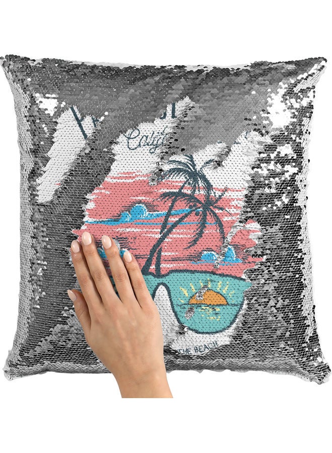 Paradise Beach Themed  Sequin Decorative Throw Pillow White/Pink/Blue 40x40cm