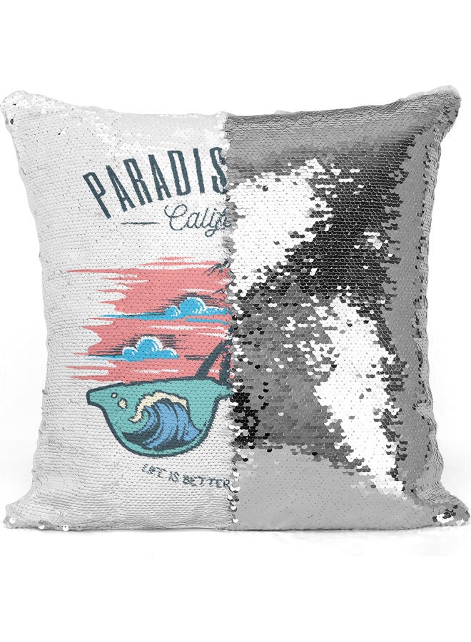Paradise Beach Themed  Sequin Decorative Throw Pillow White/Pink/Blue 40x40cm