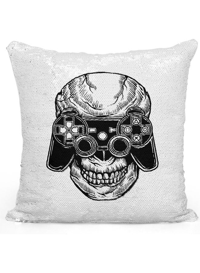 وسادة زينة للديكور مزينة بالترتر القلاب بطبعة جمجمة و ذراع تحكم جهاز البلايستيشن القديم أبيض/أسود/فضي 40x40سم - Image 1