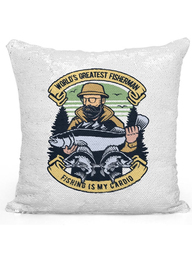 World's Greatest Fisherman Themed Sequin Decorative Throw Pillow White/Grey/Silver 40x40cm - Image 1
