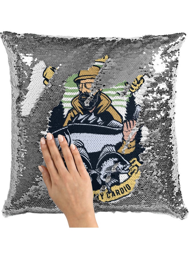 World's Greatest Fisherman Themed Sequin Decorative Throw Pillow White/Grey/Silver 40x40cm - Image 2