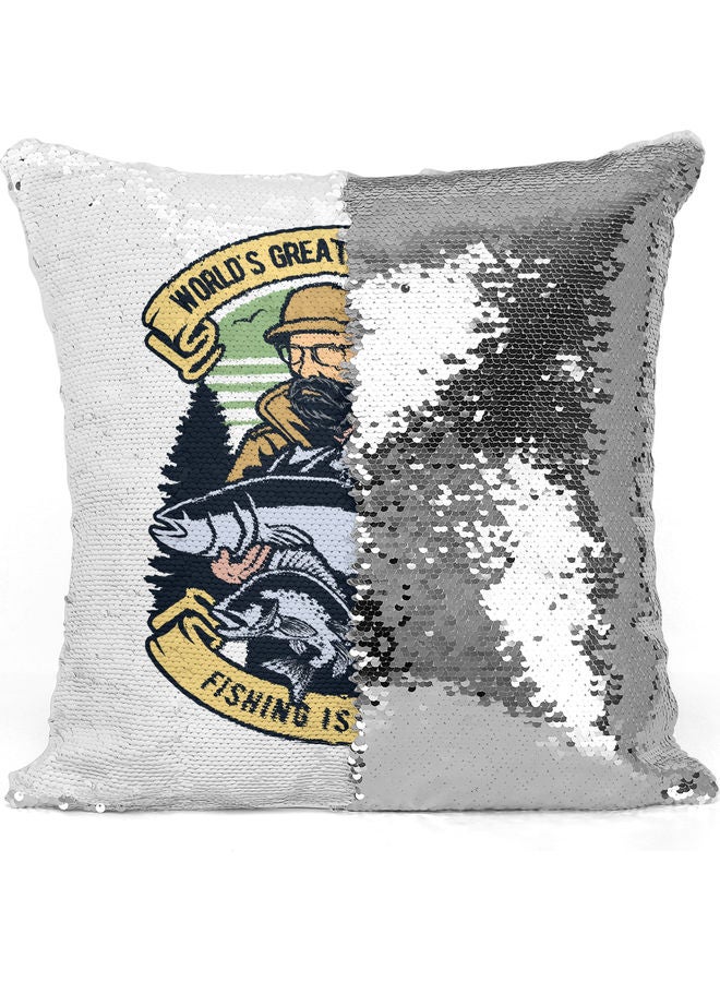 World's Greatest Fisherman Themed Sequin Decorative Throw Pillow White/Grey/Silver 40x40cm - Image 3