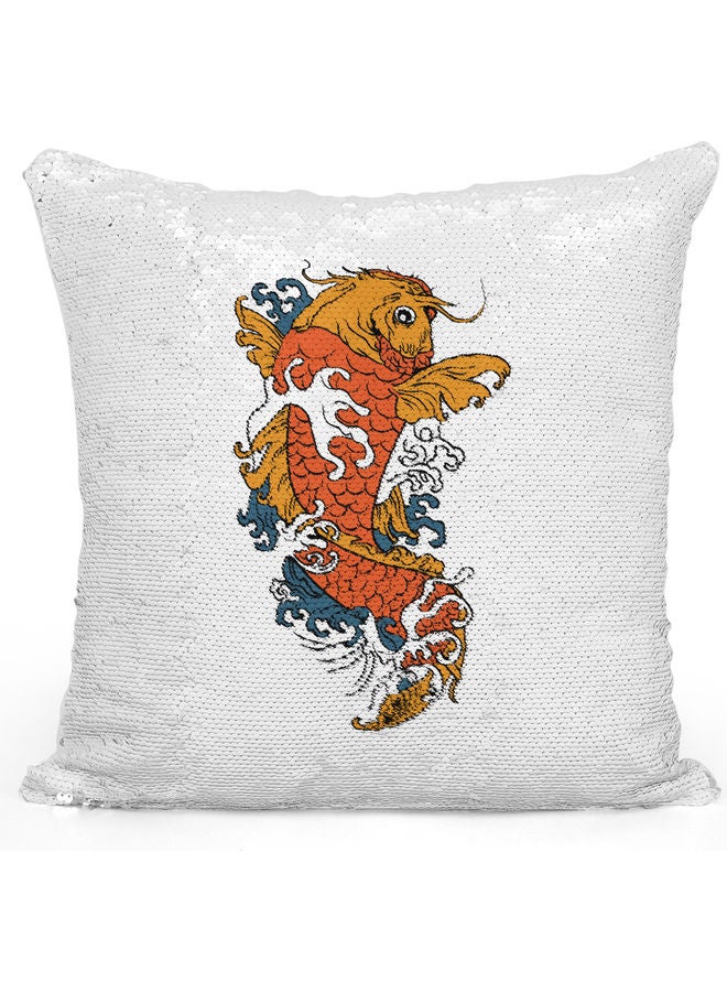 Dragon Fish Themed Sequin Decorative Throw Pillow White/Silver 40x40cm - Image 1